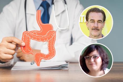 Džejms van der Bik/dr Jelena Stojanović/doktor pokazuje model debelog creva