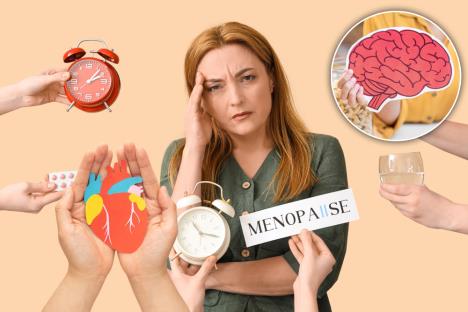 žena u menopauzi se drži za glavu/srce/mozak