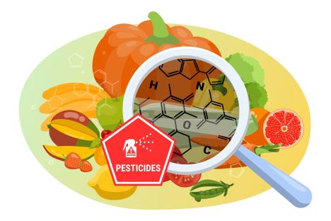 ilustracija voća i povrća ispred kojih je lupa koja prikazuje štetne hemikalije i pesticide