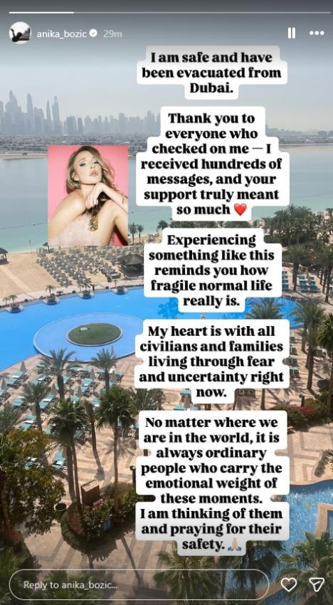 Anika Božić evakuisana iz Dubaija