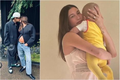 Hejli Biber sa trudničkim stomakom i bebom u rukama