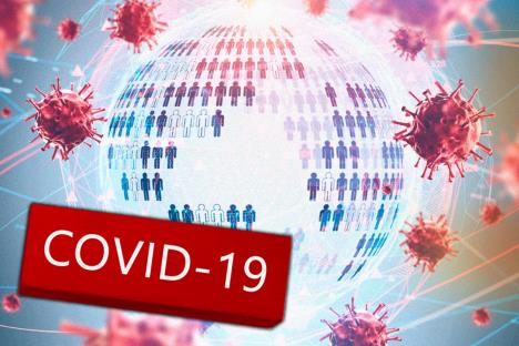 Grafički prikaz globalne korona virus pandemije sa planetom od ljudskih ikonica i virusima oko nje