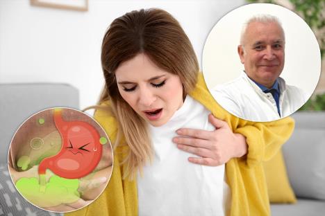 dr Siniša Pavlović/žena koja se brži za grudi u predelu srca, bol u grudima/crtež želuca koji izbacuje gasove