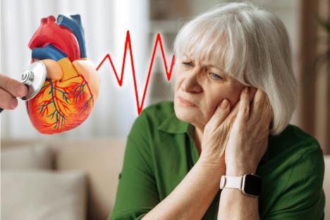 starija žena koja se drži za uvo/model srca sa otkucajima