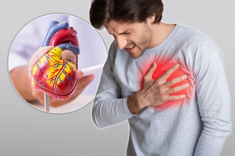 muškarac se drži za grudi u predelu srca, bol u grudima/model srca