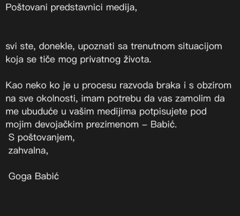 Goga Gačić se obratila medijima