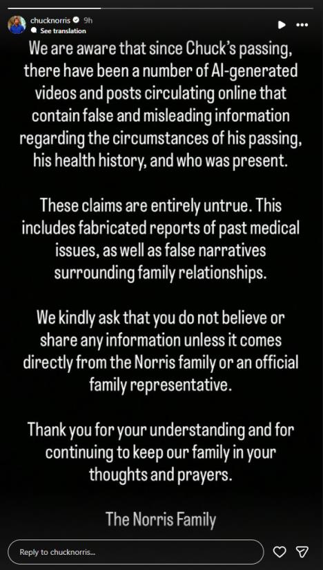 Saopštenje porodice Čaka Norisa o lažnim vestima i smrti glumca