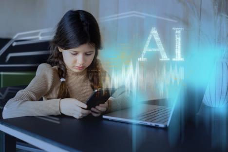 Devojčica gleda u telefon dok je ispred nje i lap top