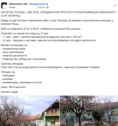 izdaje se sosko domaćinstvo u selu Lalinac, oglas