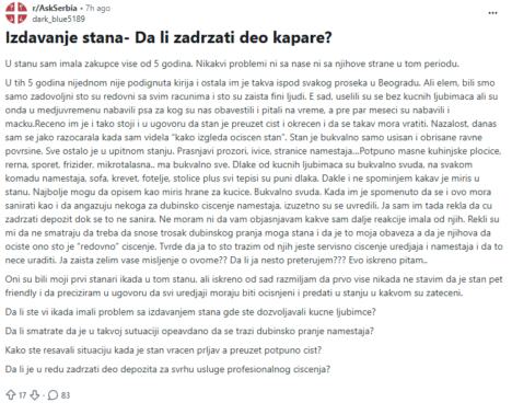 Objava sa Redita dilema stanodavca da li treba da zadrži depozit ako stan nije očišćen