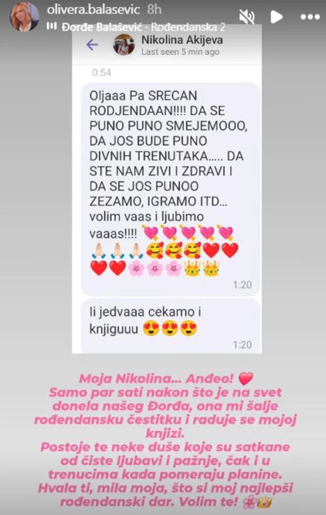 Olivera Balašević pokazala rođendansku čestitku snajke Nikoline