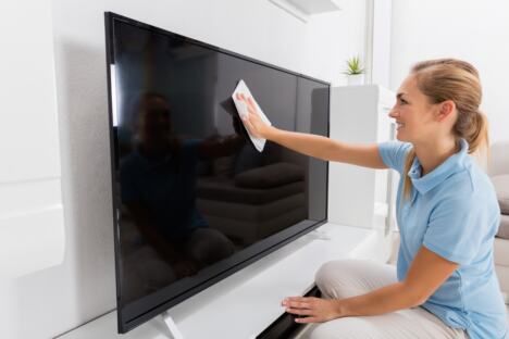 Žena briše prašinu sa tv ekrana