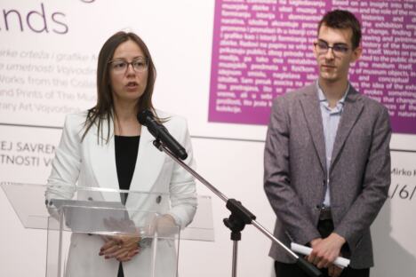 Branislava Sekulić, Mirko Kokir, otvaranje izložbe Peščana pomeranja, foto Marko Ercegović - MSUV.jpg