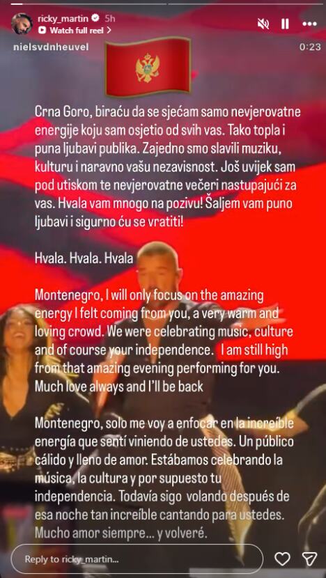 Riki Martin se oglasio nakon koncerta u Podgorici