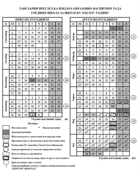 školski kalendar srednje škole
