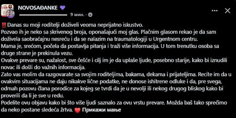 Žena upozorila na Fejsbuku na prevaru.