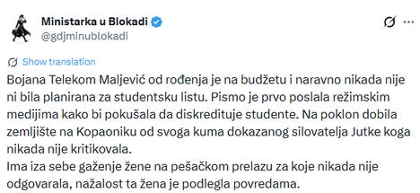 2026-07-16 09_37_44-Ministarka u Blokadi on X_ _Bojana Telekom Maljević od rođenja je na budžetu i n.jpg