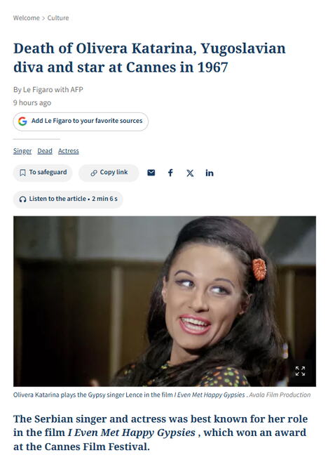 Francuski list Figaro se oprostio od Olivere Katarine