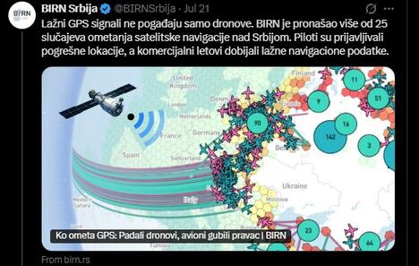 BIRN tvrdi da su zbog ometanja GPS signala "padalo dronovi i avioni gubili pravac"