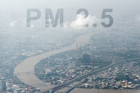 panorama grada sa zagađenim vazduhom i natpisom PM2.5