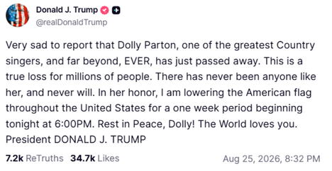 Donald Tramp spušta zastavu Amerike na pola koplja zbog smrti Doli Parton