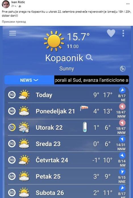 Ivan Ristić najavljuje sneg na Kopaoniku i Goliji 22. septembra