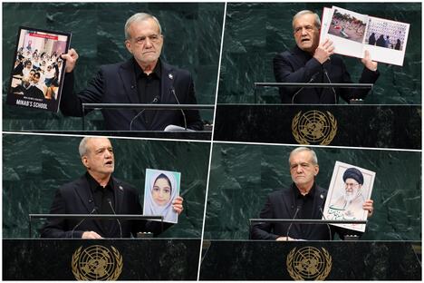 Iranski predsednik Masud Pezeškijan pokazuje fotografije dece stradale u bombardovanju škole u Iranu u februaru 2026. na Generalnoj skupštini Ujedinjenih nacija (UN)