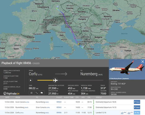 Prikaz putanje leta putničkog aviona Boing 737 kompanije Corendon Airlines na sajtu Flightradar24.