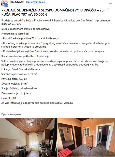 Oglas za prodaju kuće u Divošu