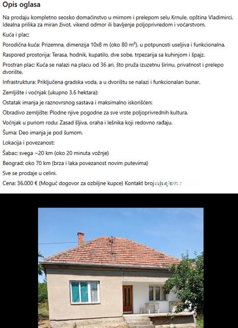Oglas za prodaju seoskog domaćinstva za 36.000 evra na 70 km od Beograda
