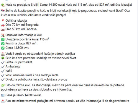 Oglas za jeftinu kuću kod Alibunara