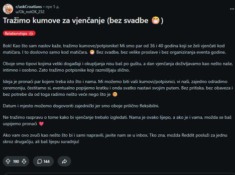 Objava - Par traži kumove za venčanje bez svadbe