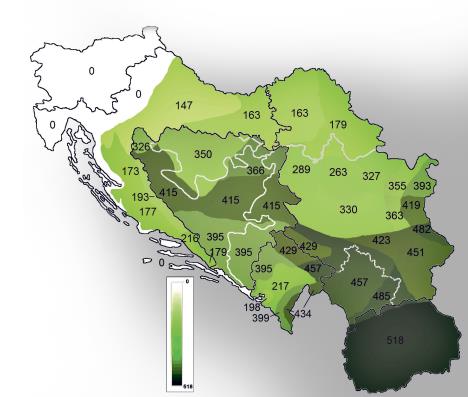 Vremenski period, izražen u godinama, koji su oblasti bivše Jugoslavije provele pod turskom vlašću