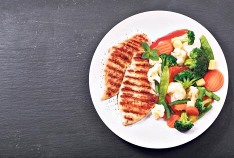 stockphotoplateofgrilledchickenwithvegetablesondarkbackgroundtopview603570005.jpg