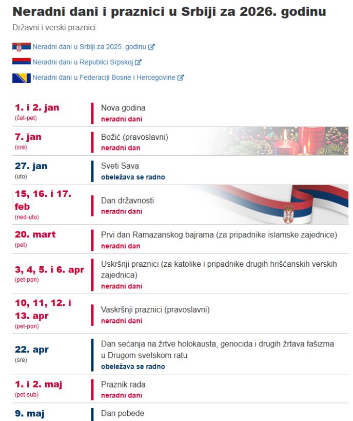 Neradni dani u 2026.
