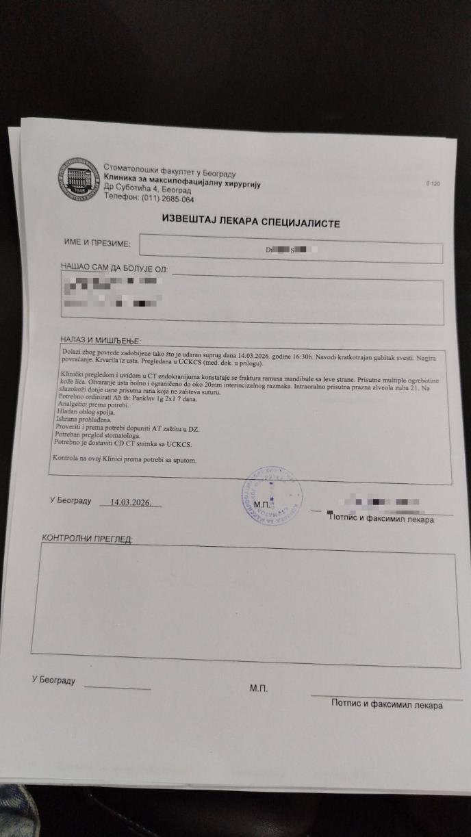 Izveštaj lekara D. S. nakon što ju je muž zverski pretukao