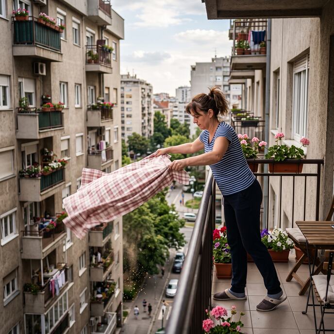 Žena trese stolnjak sa terase
