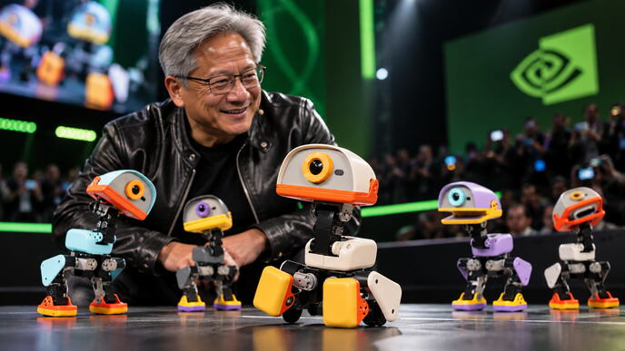 Jensen Huang and Colorful Demo Robots.png